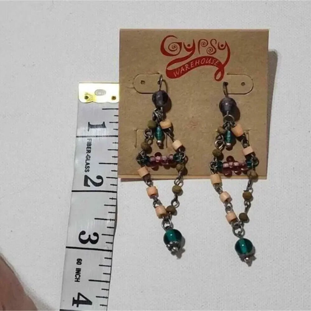 Treska Gypsy Beaded Chandelier Earrings Teal Pink Boho Drop Geometric NWT‎